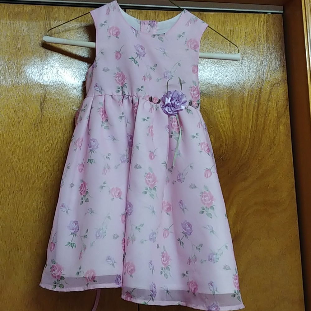 Sleeveless pink dress with pink & lavendar roses